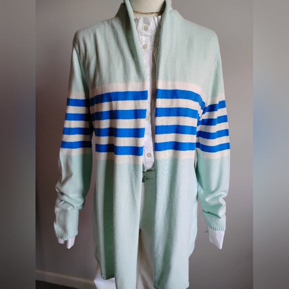 Talbots Sweaters - Talbots Cotton Cashmere Open Cardigan Stripe Blue Aqua Classic Size Large